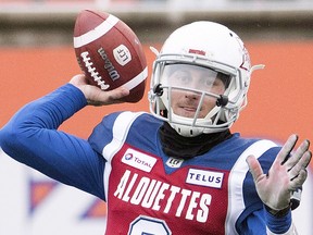 Montreal Alouettes quarterback Johnny Manziel throws a pass against the Toronto Argonauts, in Montreal on October 28, 2018. (THE CANADIAN PRESS/Graham Hughes)