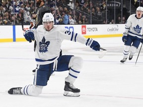 Auston Matthews celebrates after scoring against Vegas on Thursday. GETTY IMAGES