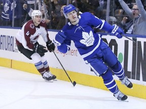 Maple Leafs right wing Mitchell Marner (16) scores against the Avalanche during third period NHL action on Jan. 14, 2019.