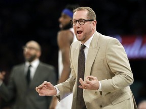 Raptors head coach Nick Nurse reacts during the Saturday-night game in New York. AP PHOTO