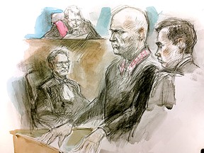 Justice John McMahon sentences Bruce McArthur. Beside him is his lawyer James Miglin. Seated is Crown attorney Michael Cantlon 361 University Ave. court Feb. 8, 2019.
(Sketch by Pam Davies)
