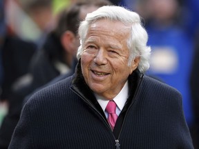 In this Jan. 20, 2019, file photo, New England Patriots owner Robert Kraft walks on the field before the AFC Championship NFL football game between the Kansas City Chiefs and the New England Patriots, in Kansas City, Mo.
