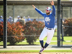 Toronto Blue Jays outfielder Kevin Pillar runs the bases at practice during spring training in Dunedin, Fla. on Tuesday, February 19, 2019. (THE CANADIAN PRESS/Nathan Denette)