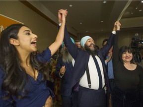 NDP leader Jagmeet Singh and his supporters celebrate his victory on Monday in Burnaby South.