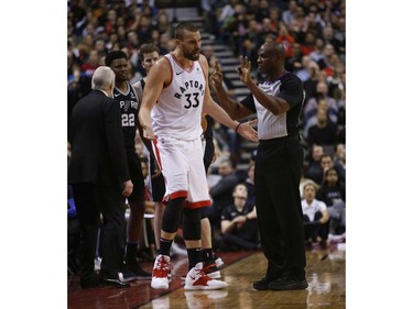 Toronto Raptors Marc Gasol C (33) argues a foul with the referee during the fourth quarter in Toronto, Ont. on Friday February 22, 2019. Jack Boland/Toronto Sun/Postmedia Network