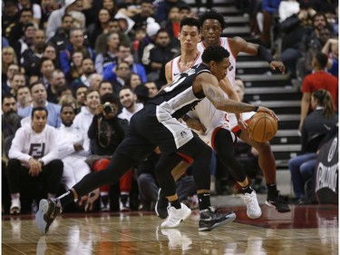 San Antonio Spurs DeMar DeRozan SG (10) cuts across in front of Toronto Raptors Jeremy Lin PG (17)during the fourth quarter in Toronto, Ont. on Friday February 22, 2019. Jack Boland/Toronto Sun/Postmedia Network