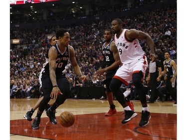 San Antonio Spurs DeMar DeRozan SG (10) goes towards Toronto Raptors Serge Ibaka C (9) during the second quarter in Toronto, Ont. on Saturday February 23, 2019. Jack Boland/Toronto Sun/Postmedia Network