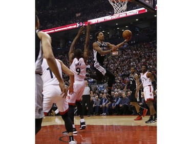 San Antonio Spurs DeMar DeRozan SG (10) does a 360-degree spinner before scoring during the second quarter in Toronto, Ont. on Saturday February 23, 2019. Jack Boland/Toronto Sun/Postmedia Network