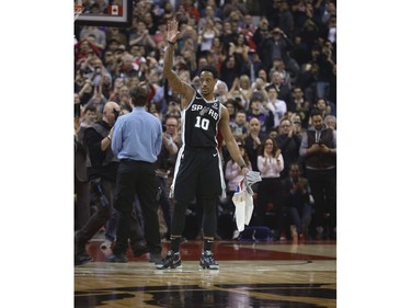 DeMar DeRozan of the San Antonio Spurs comes out for a standing ovation from the fans during a break in the first quarter and acknowledges them in Toronto, Ont. on Friday February 22, 2019. Jack Boland/Toronto Sun/Postmedia Network