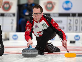 Team McDonald skip Scott McDonald delivers a rock during the provincial men's curling championship in Elmira, Ont. on Thursday, Jan. 31, 2019. (SUBMITTED PHOTO)