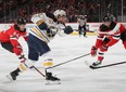 Buffalo Sabres forward Jeff Skinner takes a shot against the New Jersey Devils earlier this month. Skinner is one goal shy of his career-high of 37. (Bruce Bennett/Getty Images)