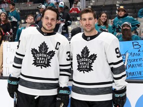 Auston Matthews (left) and John Tavares of the Toronto Maple Leafs pose prior to the 2019 Honda NHL All-Star Game at SAP Center on Jan. 26, 2019 in San Jose.  Matthews wore a C as captain of the Atlantic Division all-star team, and Tavares can see Matthews with a permanent C. (BRUCE BENNETT/Getty Images)