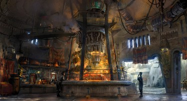 Exotic eats from around the galaxy will be available at Star Wars: Galaxy’s Edge when it opens in summer 2019 at Disneyland Park in Anaheim, California, and fall 2019 at Disney's Hollywood Studios in Lake Buena Vista, Florida. Ronto Roasters will feature savory meats spit-roasted over a former Podracer engine. (Disney Parks)