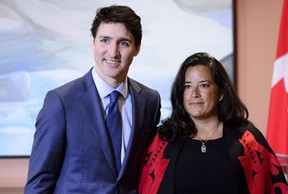 Prime Minister Justin Trudeau and Veterans Affairs Minister Jodie Wilson-Raybould attend a swearing in ceremony at Rideau Hall in Ottawa on Monday, Jan. 14, 2019.