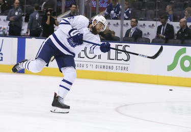 Toronto Maple Leafs defenceman Jake Muzzin (8) on Monday February 4, 2019 in the pre-game warm up. The Toronto Maple Leafs host the Anaheim Ducks at the Scotiabank Arena in Toronto. Veronica Henri/Toronto Sun/Postmedia Network