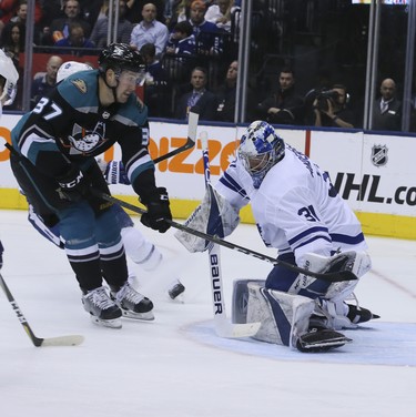 Toronto Maple Leafs goaltender Frederik Andersen (31) stops the puck on Monday February 4, 2019 .The Toronto Maple Leafs host the Anaheim Ducks at the Scotiabank Arena in Toronto. Veronica Henri/Toronto Sun/Postmedia Network