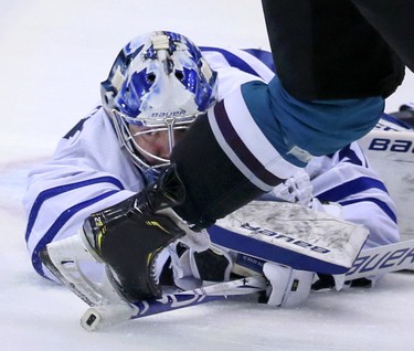 Toronto Maple Leafs goaltender Frederik Andersen (31)on Monday February 4, 2019 .The Toronto Maple Leafs host the Anaheim Ducks at the Scotiabank Arena in Toronto. Veronica Henri/Toronto Sun/Postmedia Network