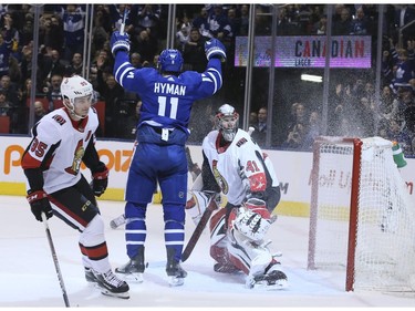 Toronto Maple Leafs left wing Zach Hyman (11) scores the first goal on Wednesday February 6, 2019. The Toronto Maple Leafs host the Ottawa Senators at the Scotiabank Arena in Toronto. Veronica Henri/Toronto Sun/Postmedia Network