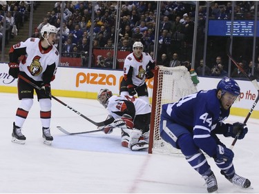 Toronto Maple Leafs defenseman Morgan Rielly (44) scores the winning goal on Wednesday February 6, 2019. The Toronto Maple Leafs host the Ottawa Senators at the Scotiabank Arena in Toronto. Veronica Henri/Toronto Sun/Postmedia Network