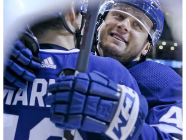 Toronto Maple Leafs defenseman Morgan Rielly (44) scores in the third and celebrates with Toronto Maple Leafs right wing Mitchell Marner (16)on Wednesday February 6, 2019. The Toronto Maple Leafs host the Ottawa Senators at the Scotiabank Arena in Toronto. Veronica Henri/Toronto Sun/Postmedia Network
