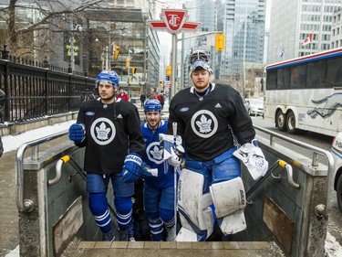 Toronto Maple Leafs Auston Matthews (from left), 	Frederik Gauthier and Frederik Andersen exit the subway at Osgoode Station on their way to the 2019 Toronto Maple Leafs Outdoor Practice at Nathan Phillips Square in Toronto, Ont. on Thursday February 7, 2019. Ernest Doroszuk/Toronto Sun/Postmedia