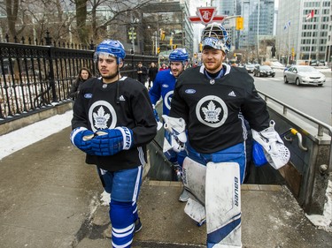 Toronto Maple Leafs Auston Matthews (from left), 	Frederik Gauthier and Frederik Andersen exit the subway at Osgoode Station on their way to the 2019 Toronto Maple Leafs Outdoor Practice at Nathan Phillips Square in Toronto, Ont. on Thursday February 7, 2019. Ernest Doroszuk/Toronto Sun/Postmedia