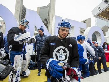 Toronto Maple Leafs Auston Matthews gets at the bench getting ready for the 2019 Toronto Maple Leafs Outdoor Practice at Nathan Phillips Square in Toronto, Ont. on Thursday February 7, 2019. Ernest Doroszuk/Toronto Sun/Postmedia