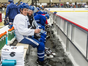 Toronto Maple Leafs Jake Gardiner (front) and Connor Brown get ready for the 2019 Toronto Maple Leafs Outdoor Practice at Nathan Phillips Square in Toronto, Ont. on Thursday February 7, 2019. Ernest Doroszuk/Toronto Sun/Postmedia
