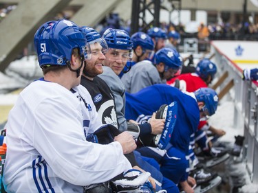 Toronto Maple Leafs Jake Gardiner (from front, facing away), Connor Brown and Travis Dermott  get ready for the 2019 Toronto Maple Leafs Outdoor Practice at Nathan Phillips Square in Toronto, Ont. on Thursday February 7, 2019. Ernest Doroszuk/Toronto Sun/Postmedia