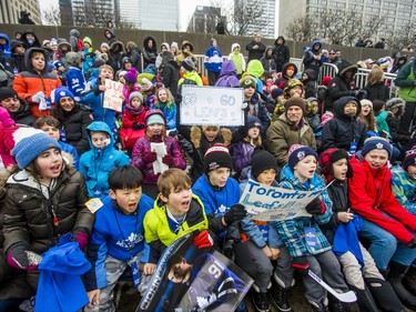 Young Leafs' fans taking in the 2019 Toronto Maple Leafs Outdoor Practice at Nathan Phillips Square in Toronto, Ont. on Thursday February 7, 2019. Ernest Doroszuk/Toronto Sun/Postmedia