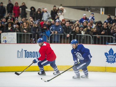 Toronto Maple Leafs Nazem Kadri (left) and Nikita Zaitsev on the ice during the 2019 Toronto Maple Leafs Outdoor Practice at Nathan Phillips Square in Toronto, Ont. on Thursday February 7, 2019. Ernest Doroszuk/Toronto Sun/Postmedia