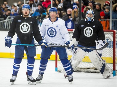 Toronto Maple Leafs Auston Matthews (from left), Patrick Marleau and goalie Frederik Andersen on the ice during the 2019 Toronto Maple Leafs Outdoor Practice at Nathan Phillips Square in Toronto, Ont. on Thursday February 7, 2019. Ernest Doroszuk/Toronto Sun/Postmedia