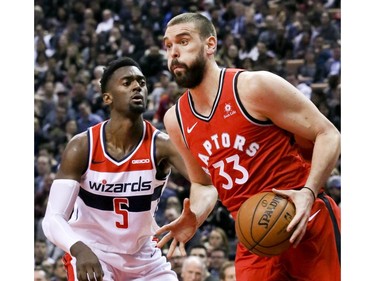 Toronto Raptors center Marc Gasol (33) and Bobby Portis (5) on Wednesday February 13, 2019. The Toronto Raptors host the Washington Wizards at the Scotiabank Arena in Toronto. Veronica Henri/Toronto Sun/Postmedia Network