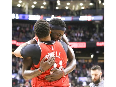Toronto Raptors forward Pascal Siakam (43) is congratulated at the end of the game by teammate Toronto Raptors forward Norman Powell (24) on Wednesday February 13, 2019. The Toronto Raptors host the Washington Wizards at the Scotiabank Arena in Toronto. Veronica Henri/Toronto Sun/Postmedia Network