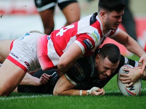 Toronto Wolfpack halfback Blake Wallace scores against the Leigh Centurions during the Betfred Championship Round 4 fixture at The Leigh Sports Village Stadium, Leigh, United Kingdom, on Sunday. (Stephen Gaunt photo)