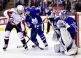 Washington Capitals’ Nicklas Backstrom (left) looks for a rebound as Maple Leafs’ Nikita Zaitsev and goaltender Frederik Andersen do the same during the third period last night in Toronto. (FRANK GUNN/THE CANADIAN PRESS)