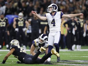 Rams kicker Greg Zuerlein kicks the game-winning field goal in overtime against the New Orleans Saints in the NFC Championship game. Thre is a prop bet for the Super Bowl that might grab your attention attention: Rams over 1.5 field goals. (Kevin C.  Cox/Getty Images)