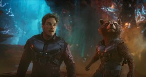 Star-Lord/Peter Quill (Chris Pratt) and Rocket (voiced by Bradley Cooper) in a scene from Guardians of the Galaxy Vol. 2. (Marvel)