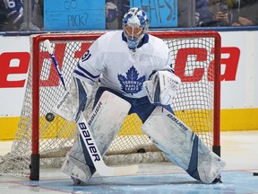 Frederik Andersen #31 of the Toronto Maple Leafs faces a shot during warm-up prior to action against the Tampa Bay Lightning in an NHL game at Scotiabank Arena on March 11, 2019 in Toronto, Ontario, Canada. (Photo by Claus Andersen/Getty Images)