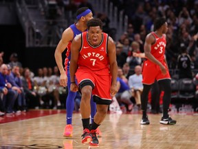 DETROIT, MICHIGAN - MARCH 03:  Kyle Lowry #7 of the Toronto Raptors reacts after a second half three point basket while playing the Detroit Pistons at Little Caesars Arena on March 03, 2019 in Detroit, Michigan. Detroit won the game 112-107 in overtime. NOTE TO USER: User expressly acknowledges and agrees that, by downloading and or using this photograph, User is consenting to the terms and conditions of the Getty Images License Agreement. (Photo by Gregory Shamus/Getty Images)