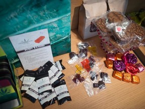 Edible marijuana products are displayed for sale at a Weeds Glass & Gifts medical marijuana dispensary in downtown Vancouver. (The Canadian Press)