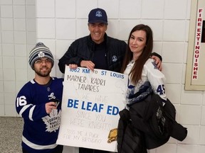 Mike Wilson, centre, with Jen Brown and Chris Hodgkin, who travelled from London, Ont. for the Blues-Leafs game. (Debra Thuet)