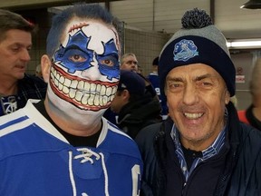 Dave Jackson, left, and Mike Wilson at the Leafs game in Calgary.