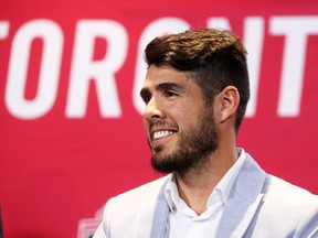 Toronto FC introduces new Designated Player Alejandro Pozuelo during a news conference on Monday. (DAVE ABEL/Toronto Sun)