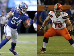 At left, in an Oct. 28, 2018, file photo, New York Giants linebacker Olivier Vernon (54) plays against the Washington Redskins during an NFL football game, in East Rutherford, N.J. At right, in a Dec. 15, 2018, file photo, Cleveland Browns offensive guard Kevin Zeitler (70) plays against the Denver Broncos during the first half of an NFL football game, in Denver. (AP Photo/Files)