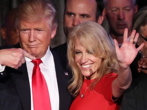 Then Republican president-elect Donald Trump along with his campaign manager Kellyanne Conway acknowledge the crowd during his election night event at the New York Hilton Midtown in the early morning hours of November 9, 2016 in New York City.  (Mark Wilson/Getty Images)