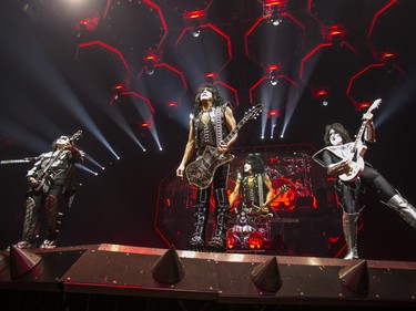 Singer-bassist Gene Simmons (from left), singer-guitarist Paul Stanley, lead guitarist Tommy Thayer and drummer Eric Singer of Kiss perform during The Final Tour Ever at the Scotiabank Arena in Toronto, Ont. in Toronto, Ont. on Wednesday March 20, 2019. Ernest Doroszuk/Toronto Sun/Postmedia