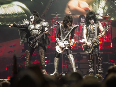 Singer-bassist Gene Simmons (from left), lead guitarist Tommy Thayer, singer-guitarist Paul Stanley, and drummer Eric Singer of Kiss perform during The Final Tour Ever at the Scotiabank Arena in Toronto, Ont. in Toronto, Ont. on Wednesday March 20, 2019. Ernest Doroszuk/Toronto Sun/Postmedia