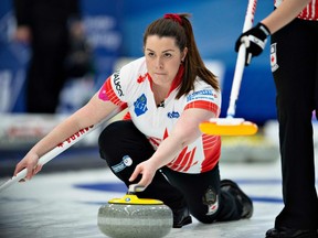 Canada's Dana Ferguson competes in the first round match Canada vs. Korea at the LGT World Women's Curling Championship in Silkeborg, Denmark, on March 16, 2019. (Photo by Henning Bagger / Ritzau Scanpix / AFP)