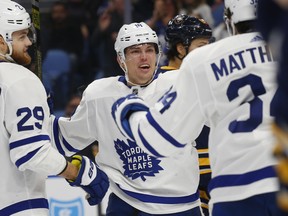 Maple Leafs' Andreas Johnsson celebrates a goal during the second period against the Buffalo Sabres, Wednesday, March 20, 2019, in Buffalo, N.Y. (AP PHOTO)